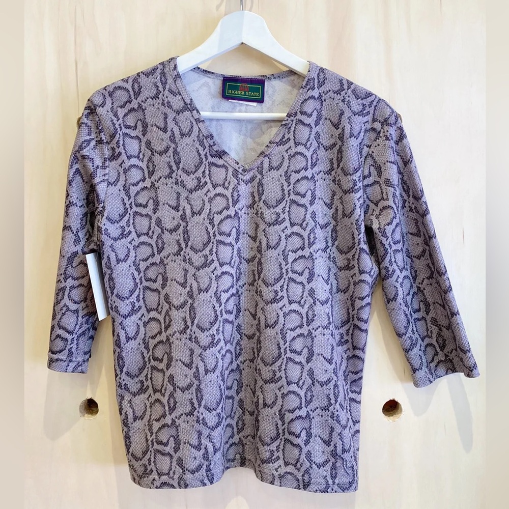 Y2K Grey & Silver V-Neck Shirt with Snake Print Pattern